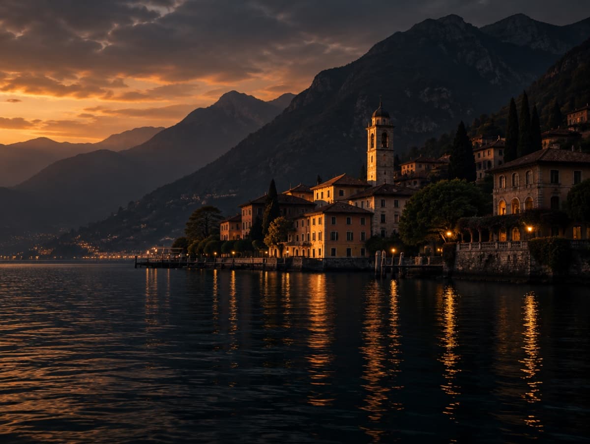 Il lago di Como al tramonto, con le luci del paese riflesse sull'acqua